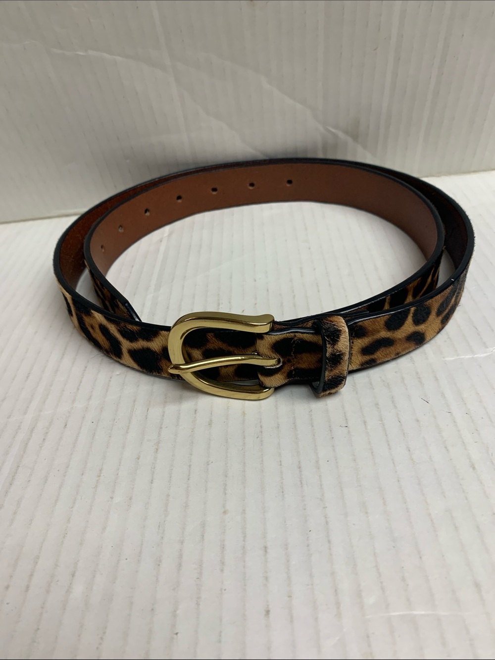 J Crew Calf Hair Belt In Leopard Print Genuine Leather Size Large Gold Buckle - Picture 2 of 4